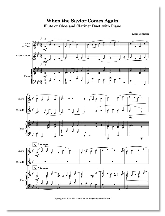Lane Drive first_page 1-JgMOM3BeU1RXeUawB1_iz--dj4ET-03: When the Savior Comes Again — Flute or Oboe and Clarinet