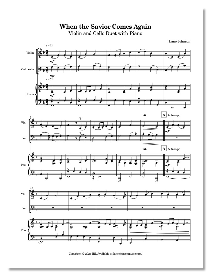 Lane Drive first_page 1UQremEI_4hh0BhDjx58dVPswEOOsyUX4: When the Savior Comes Again — Violin and Cello