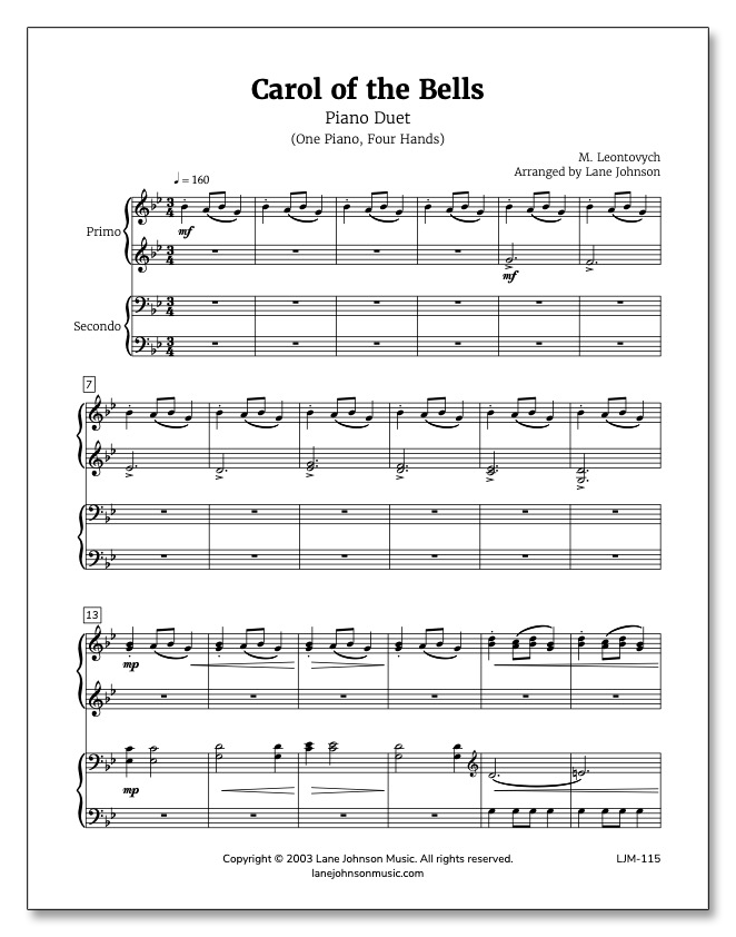 Lane Drive first_page 1_BqCc7UNYffK_7BybJH5wKdGH8x58jR7: Carol of the Bells — Piano Duet